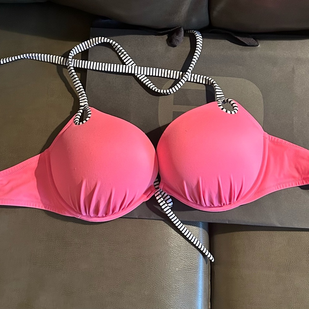 PINK Victoria's Secret Hot Pink Bikini Top with Black & White Striped Straps